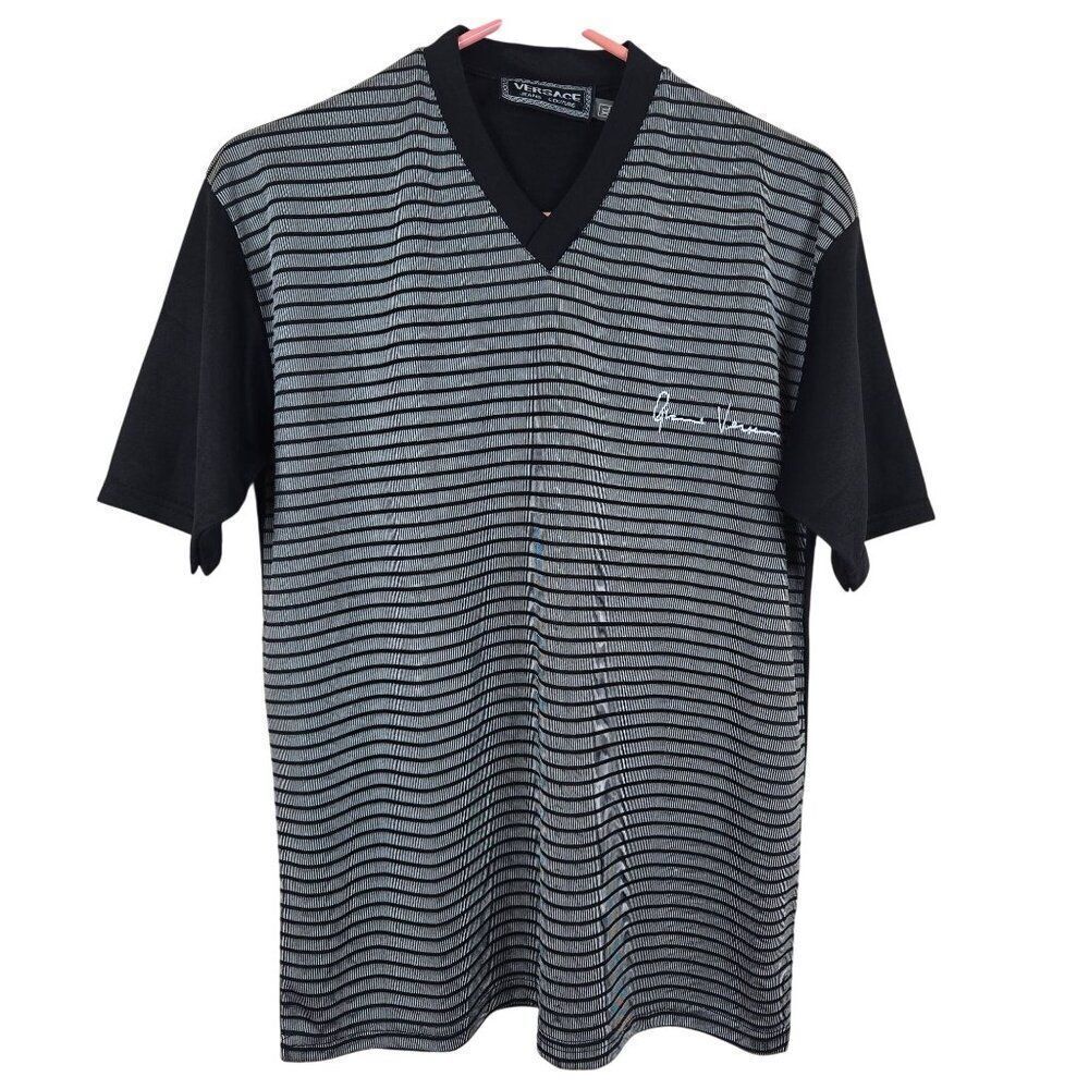 Vintage 90s Versace Jeans Couture Mens V-Neck Black Gray Striped Shirt XL
